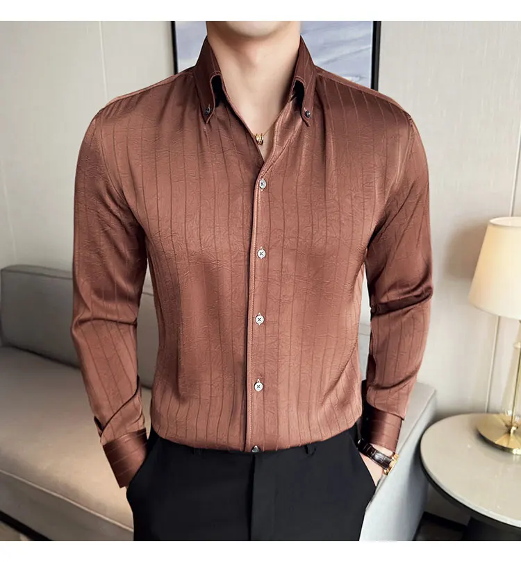 Coffee Shirts Men Business High Quality Draped Striped Long Sleeve Shirt Luxury Designer Shirt Men's Purple Male Clothes 2025