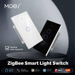 MOES Tuya ZigBee Light Switch Touch Glass Panel Fireproof Neutral Wire Required App Remote Control Work With Alexa Google Home