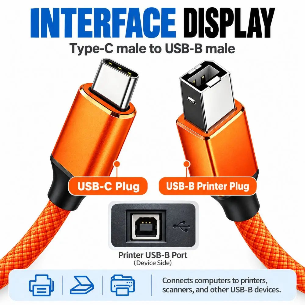 USB 2.0 USB-C Printer Cable 480Mbps Nylon Braided Printer Sync Lead Plug And Play Wide Compatibility Scanner Connection Cable