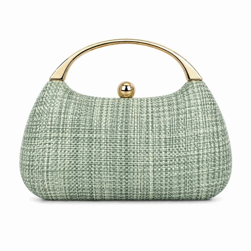 Natural Woven Hard Box Clutch Elegant Ladies Beige Gold Curved Handle Evening Handbag Summer Vacation Outdoor Wedding Purse view 4