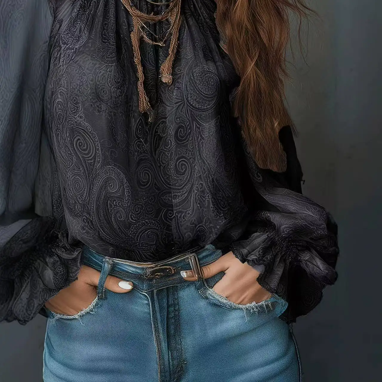 Women's Cold Shoulder Paisley Blouse | High Ruffle Neck Long Lantern Sleeve Top | Dark Grey Jacquard Tunic | Boho Vintage Chic S view 3