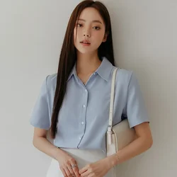 Nuevo cárdigan coreano de gasa a la moda para mujer, Top holgado de verano para mujer, camisa ajustada y versátil de manga corta con cuello de solapa