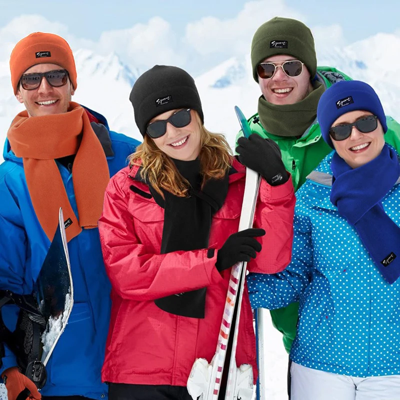 Conjunto de guantes de pantalla táctil para hombre y mujer, conjunto de 3 piezas de lana cálida para deportes al aire libre, gorro de invierno, bufanda larga