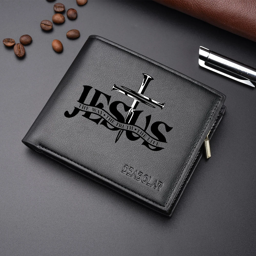 Men's Short Wallet Business Retro JESUS Pattern Multi-Card Slot Zipper Coin Pocket High-Quality Men's Wallet