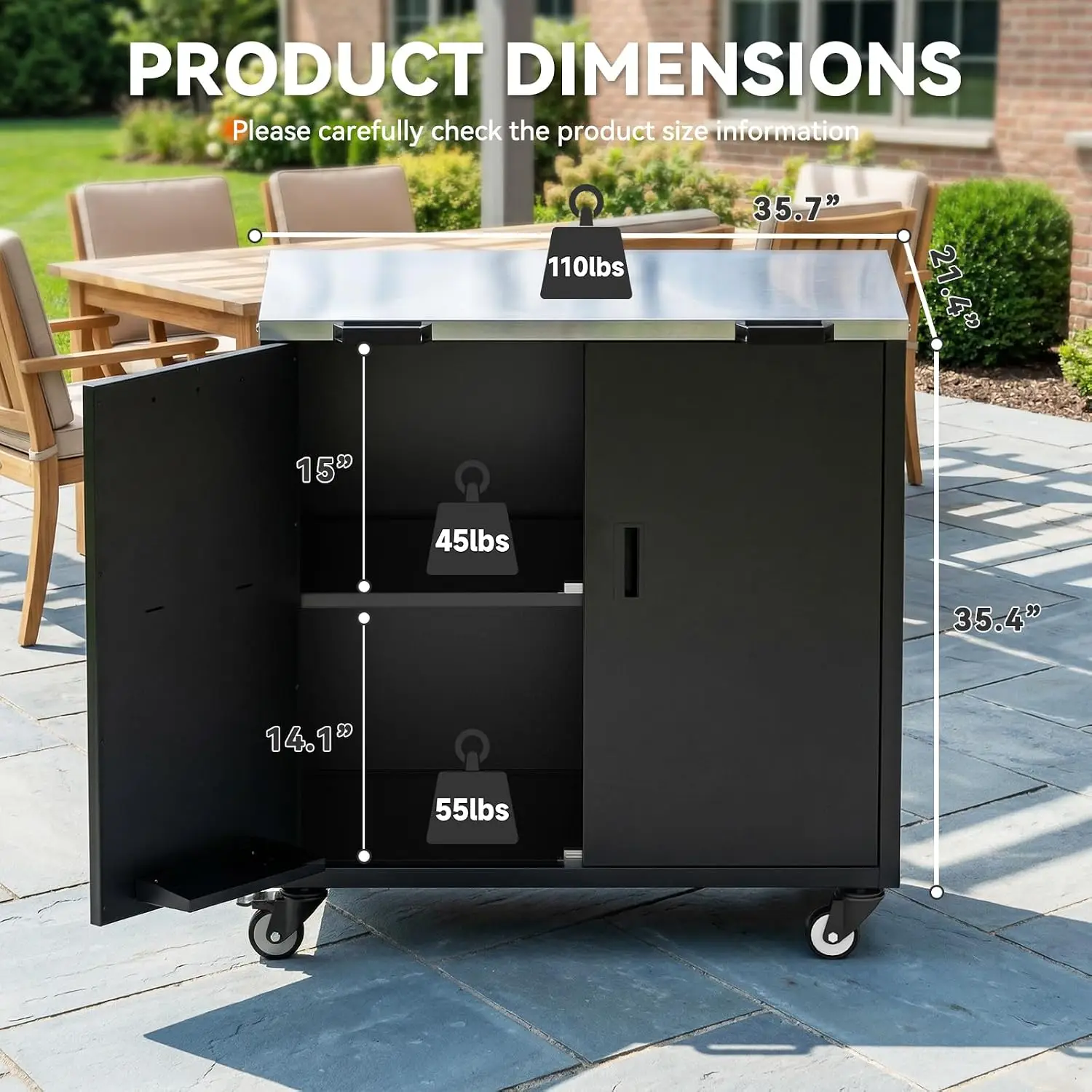 Outdoor Grill Table, Movable Grill Cart with Door, Outdoor Grill Stand with Large Capacity ＆ Hooks, 2 Tier Pizza Oven Table