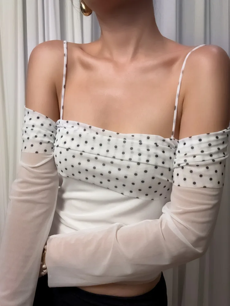 

Blifanbo Sexy Spaghetti Strap Polka Dot Top Long Sleeve Off-shoulder Backless Tight Top Vest Female Fashion Female Streetwear