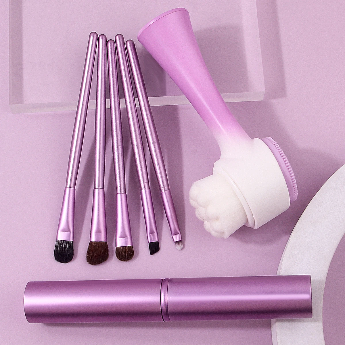 5PCS 다기능 아이 메이크업 브러쉬 세트 +1PCS 양면 세안 브러쉬 +1PCS 알루미늄 튜브 보관 실린더