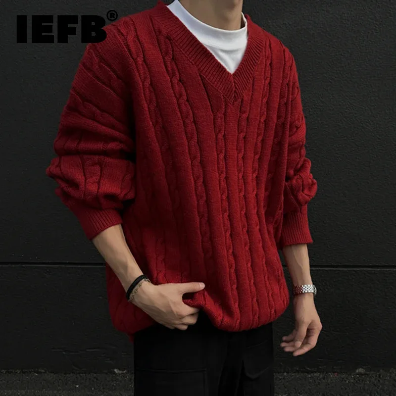 IEFB Korean Style Men's Sweaters Loose V-neck Thickened Weave Solid Color Knitting Tops Casual Male Pullovers Autumn Tide 9C8402