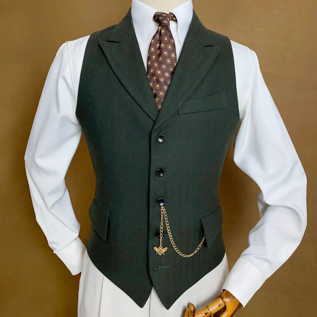 

Herringbone Men Vest Mossy Waistcoat Green For Wedding Party With Lapel Single Button Business Work Daily Casual Men Suit Vest
