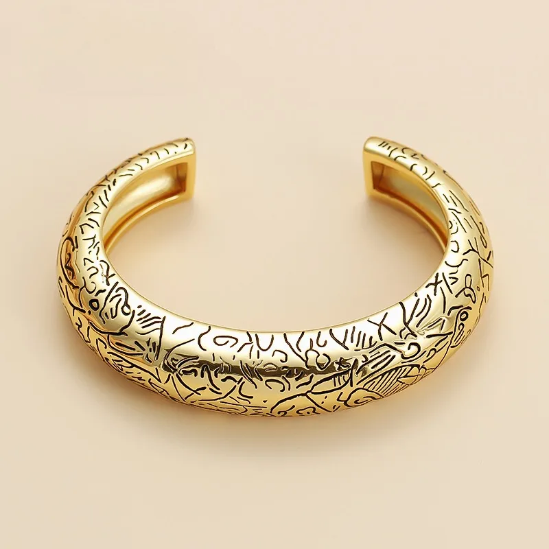 

New Vintage Hand Engraved Women's Bangles Designer Luxury Gold Plated Bracelet for Women Trendy Luxury Jewelry Gift