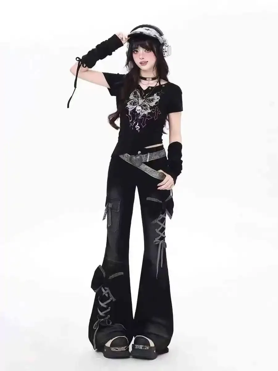 Retro Bow Lace Up Design Jeans Women's  Low Rise Slim Fit Bell Bottom 2000s Harajuku Y2k Spicy Girl Casual Flare Pants