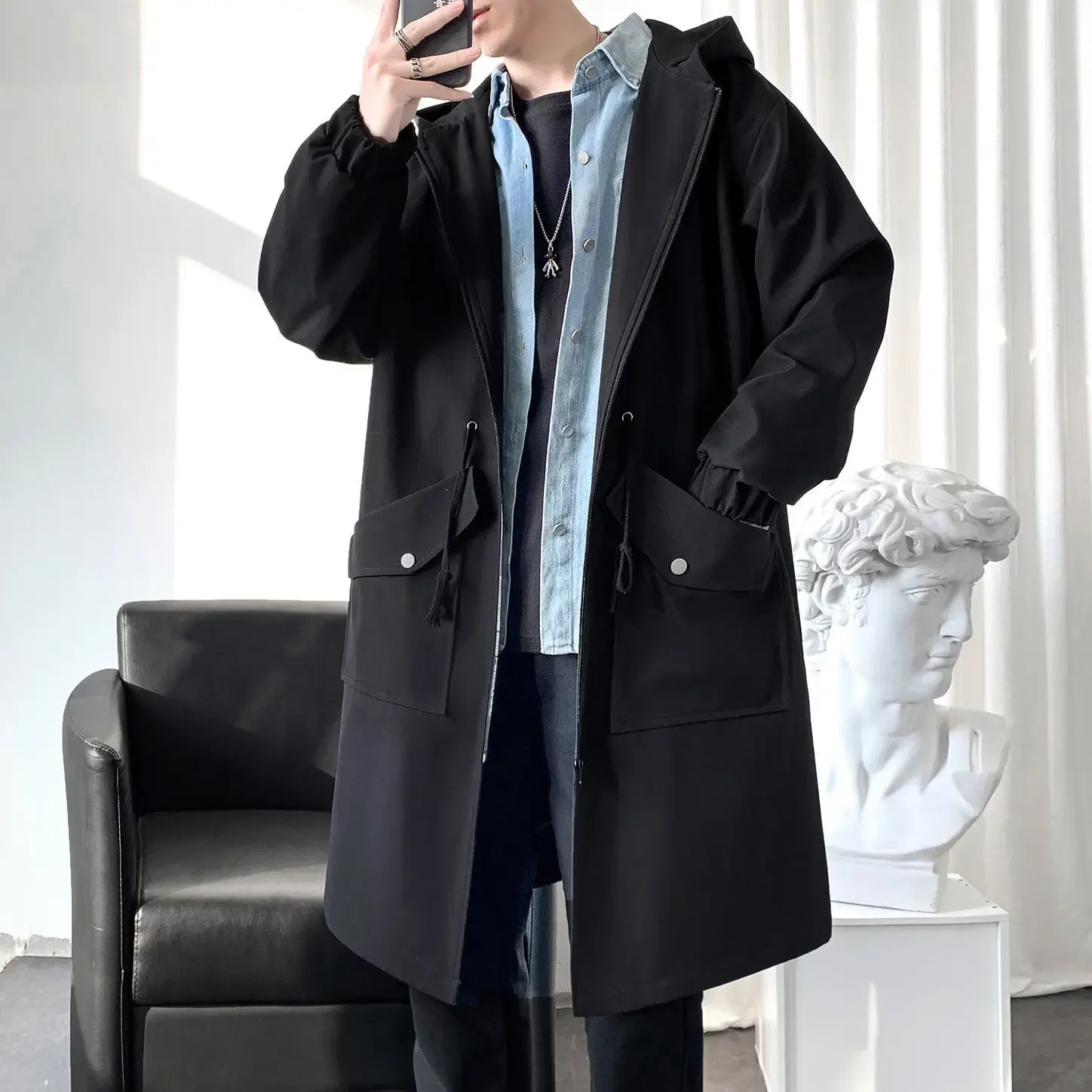 Hooded Jacket Men's Mid-length Youth Korean Style Windbreaker Tide Cloak Loose Coat Japanese Youth Tide 2023 New Clothing