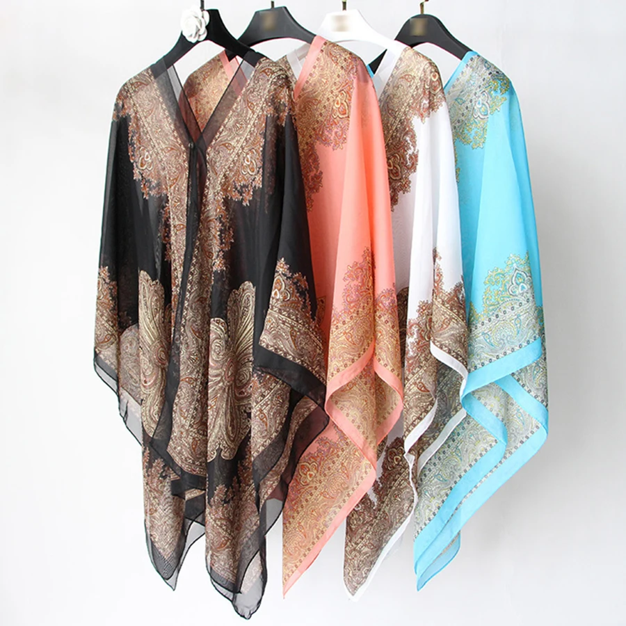 Sun Protection Shawl for Women, Paisley Chiffon Silk Scarf, Versatile Split Hem Beach Towel, Custom Pearl Scarf