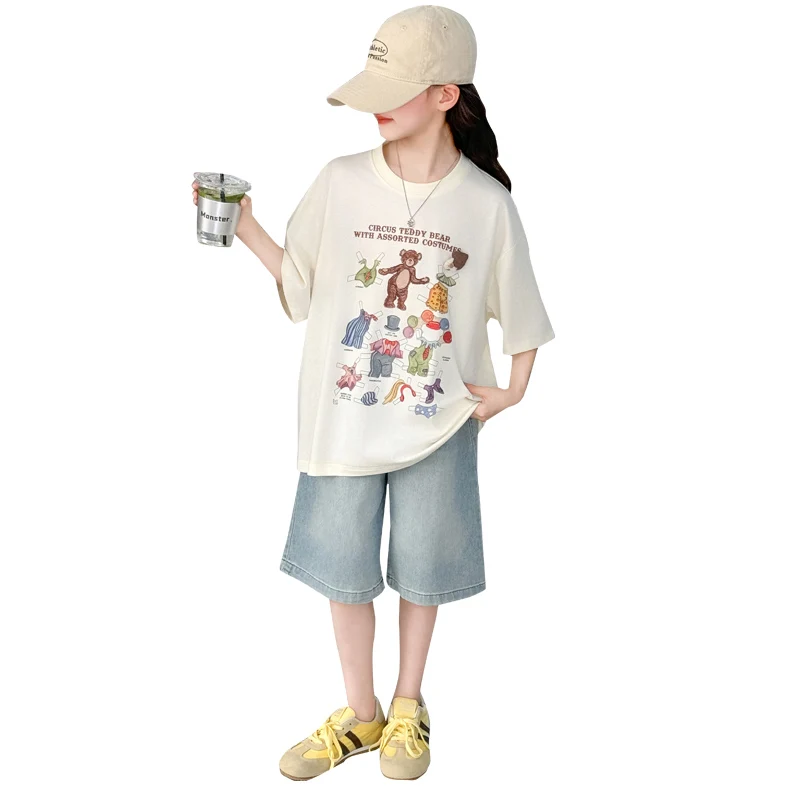 

2025 Tween Girls Clothes Set Young Girls Short Sleeve And Shorts Sets Sweetheart Summer Suit Shirt & Mid-Calf Denim Size 4-14Y