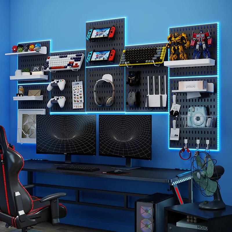 Home Storage Pegboard Shelf – Perfect for Gaming Room Setup & Decor, No-Drill Adhesive Mount for Mouse/Keyboard/Headphone Hooks