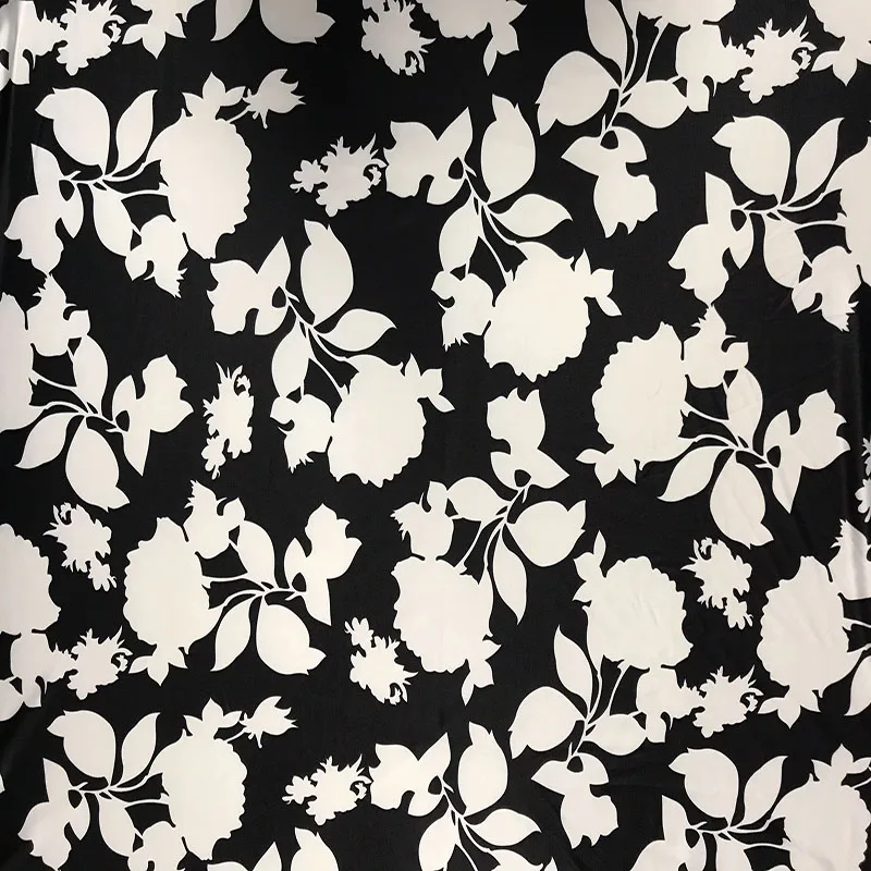 Black and White Floral Printed Milk Silk Fabric Dress Yoga Dance Costume Tight Fitting Base Four Sided Elastic Fabric