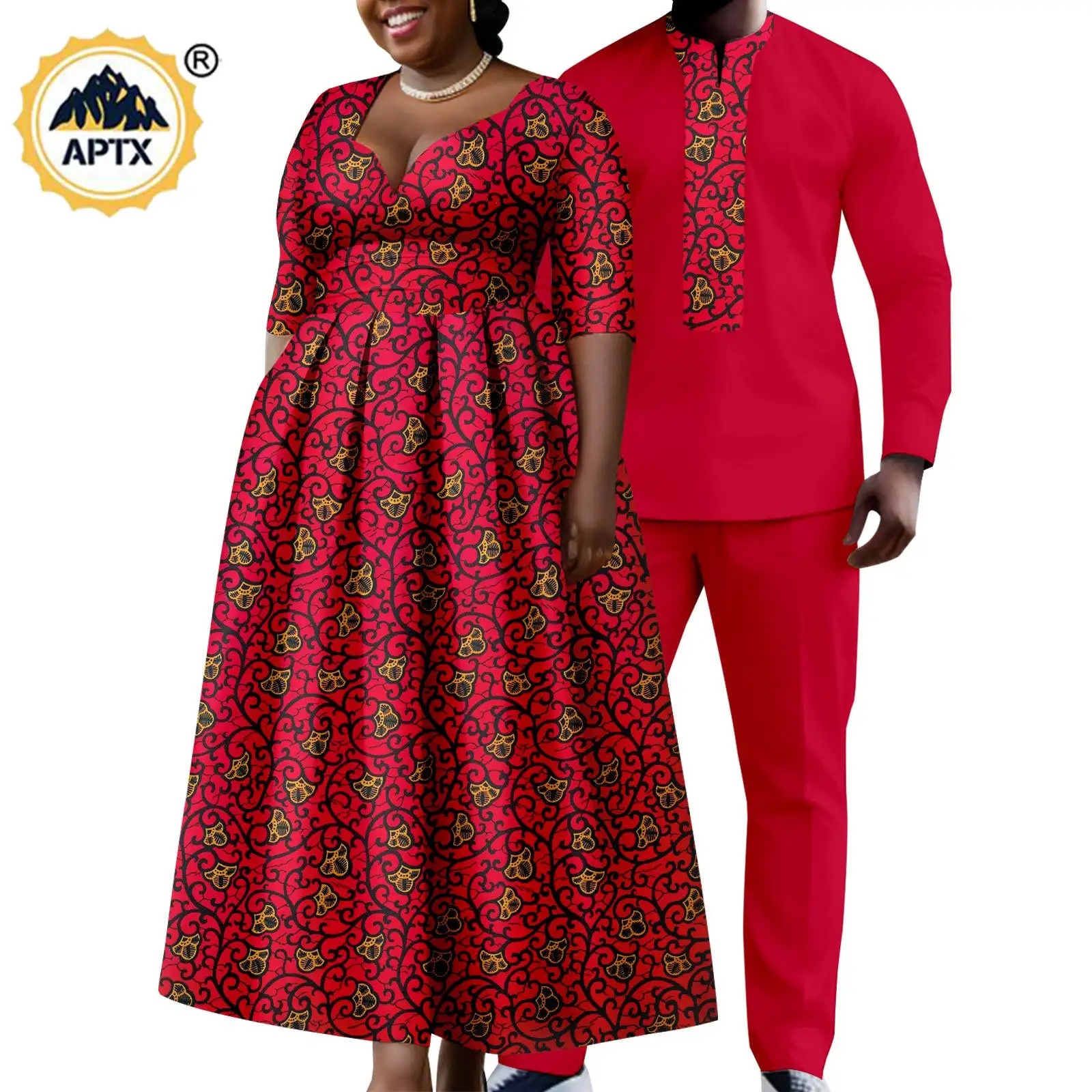 African Print Long Dresses for Women Matching Couple Outfits Dashiki Men Top Shirt and Pant Sets Y23C106