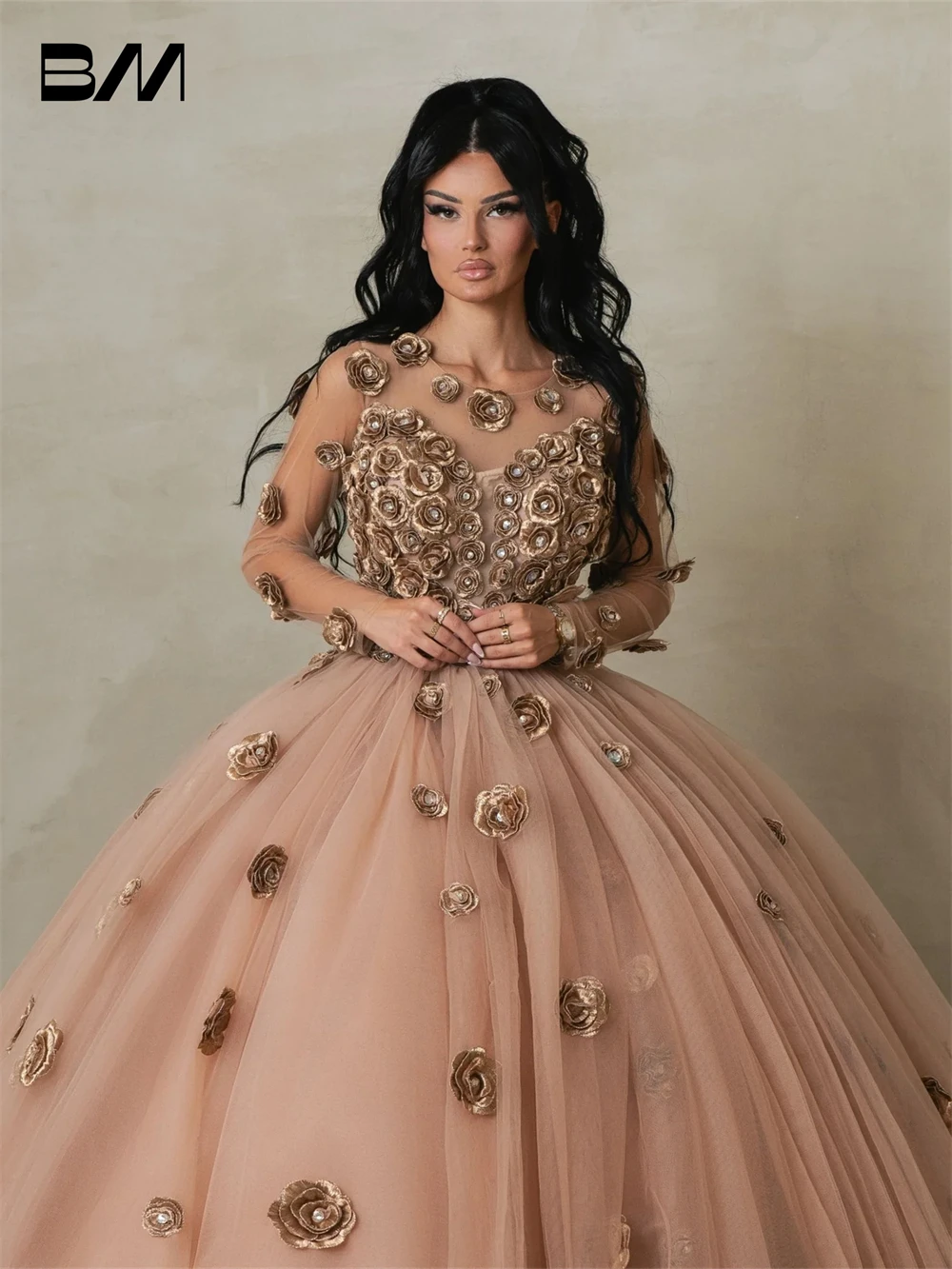 BRLMALL High End Prom Dress, Rose Shaped Appliques Sweet 15 Dresses, Customized Full Sleeves Party Gown, Quinceanera Dress