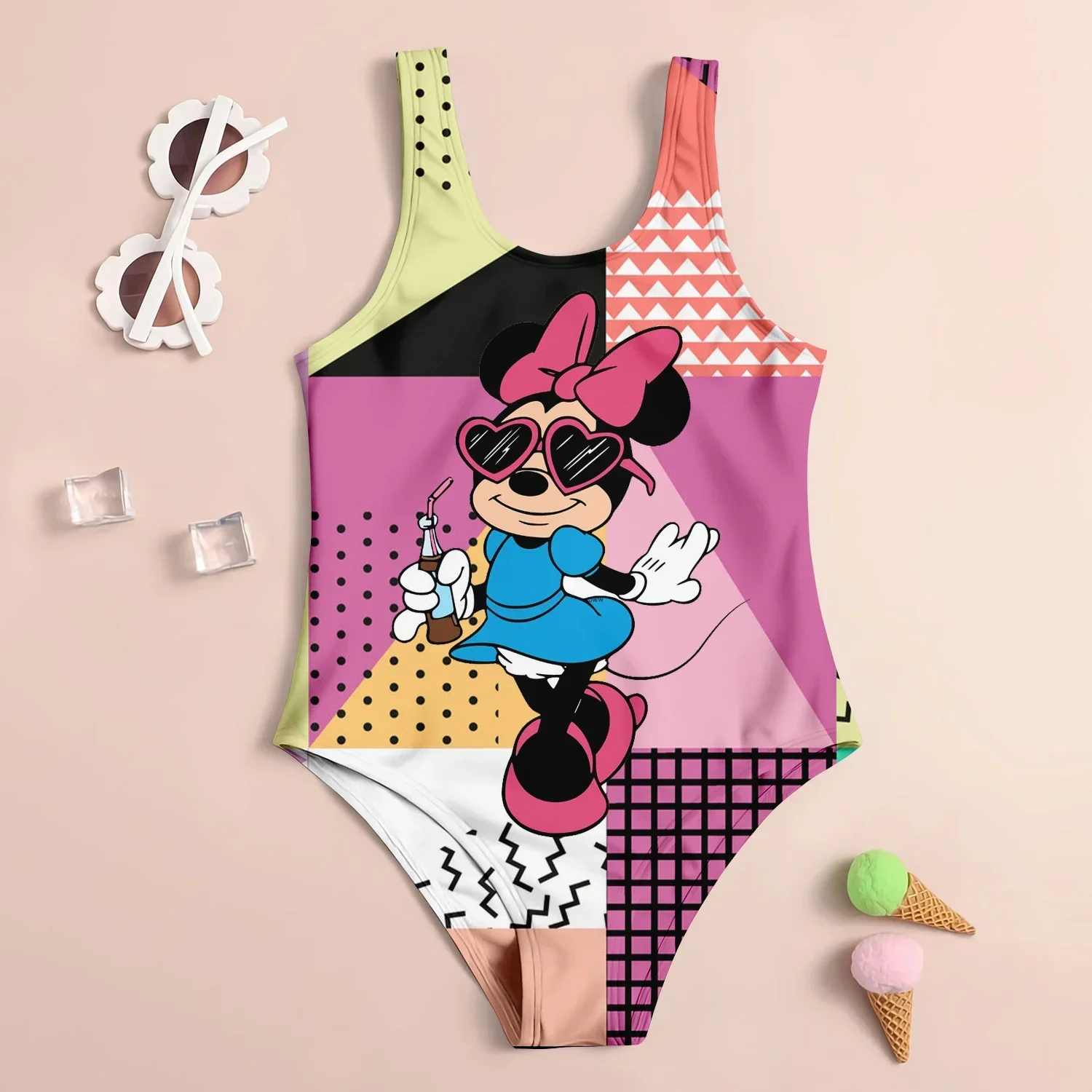 MINISO Disney bañador de Mickey Mouse para niña, traje de baño con estampado de dibujos animados en 3D, bonito bañador de arena, ropa de moda para niños