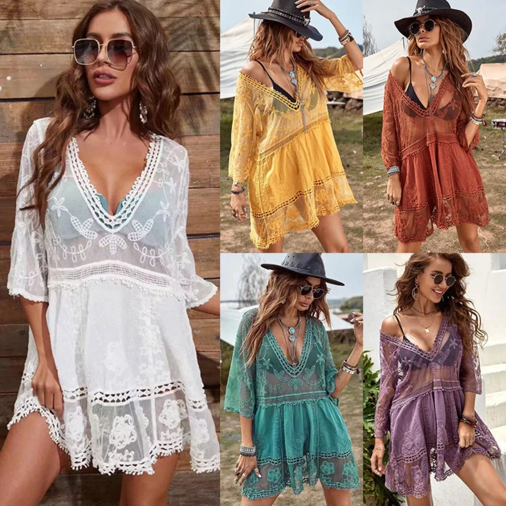 Women Lace Crochet Beach Cover-Up Dress Multiple Colors Sleeve Sheer Mesh Hollow Out Design Lightweight Swimwear