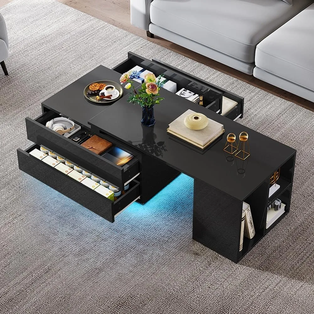 

LED Coffee Table with 4 Storage Drawers, Extendable Coffee Tables for Living Room, Modern Wooden Rectangle Cocktail Tab