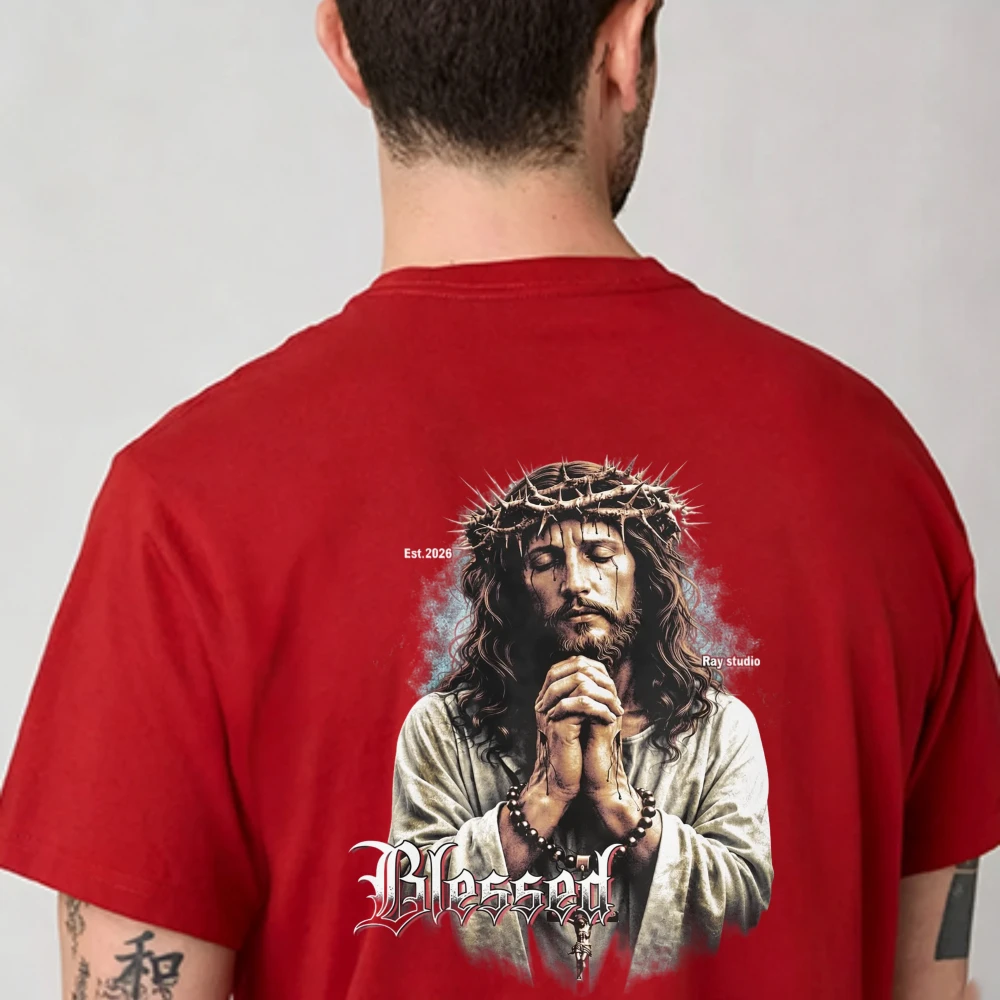 Vintage Blessed Gothic Letter Jesus Crown of Thorns Praying Hands Back Printed T Shirt Red Cotton Loose Fit Religious Unisex Top