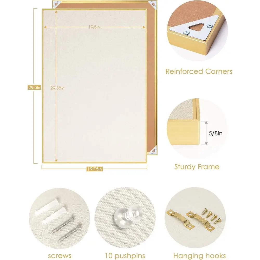 Quadro de Cortiça Branco Aveia 20x30 Polegadas com Moldura Dourada e 10 Alfinetes