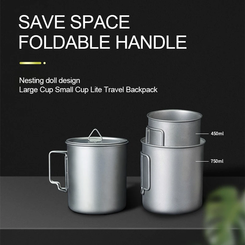 Lightweight Titanium Flatware Portable Water Cup with Lid Foldable Handle 350/420/500/750ml Mug Hiking Outdoor Camping Tableware