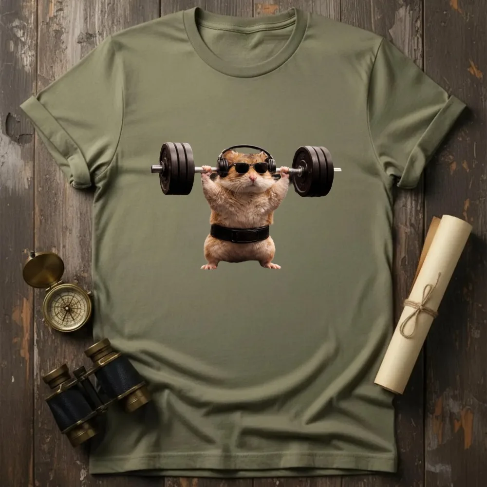 Cool Hamster with Sunglasses Headphone Lifting Barbell Graphic Print Cotton T Shirt Funny Gym Fitness Animal Cartoon Casual Tees view 5