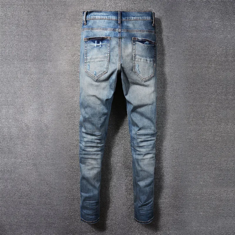 Streetwear Fashion Men Jeans Retro Washed Blue Stretch Skinny Fit Ripped Jeans Men Leather Patched Designer Hip Hop Brand Pants