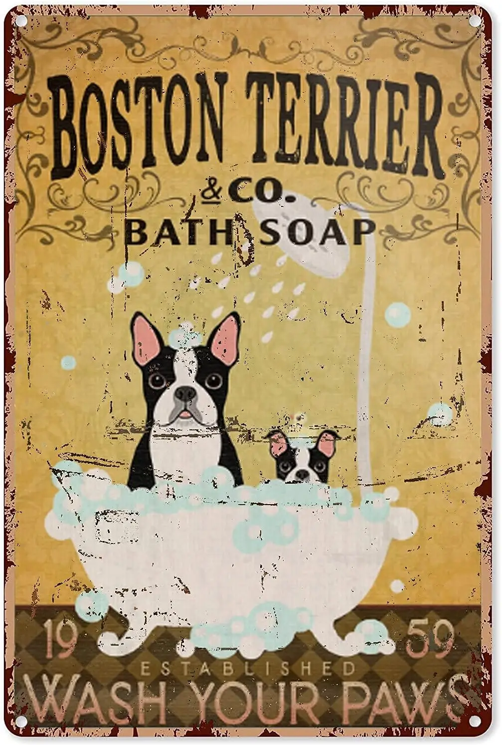 UOAIUDT Vintage Metal Sign Boston Terrier And Co Bath Soap Established Wash Your Paws Tin Sign Retro Plaque Wall Decor Gift sign