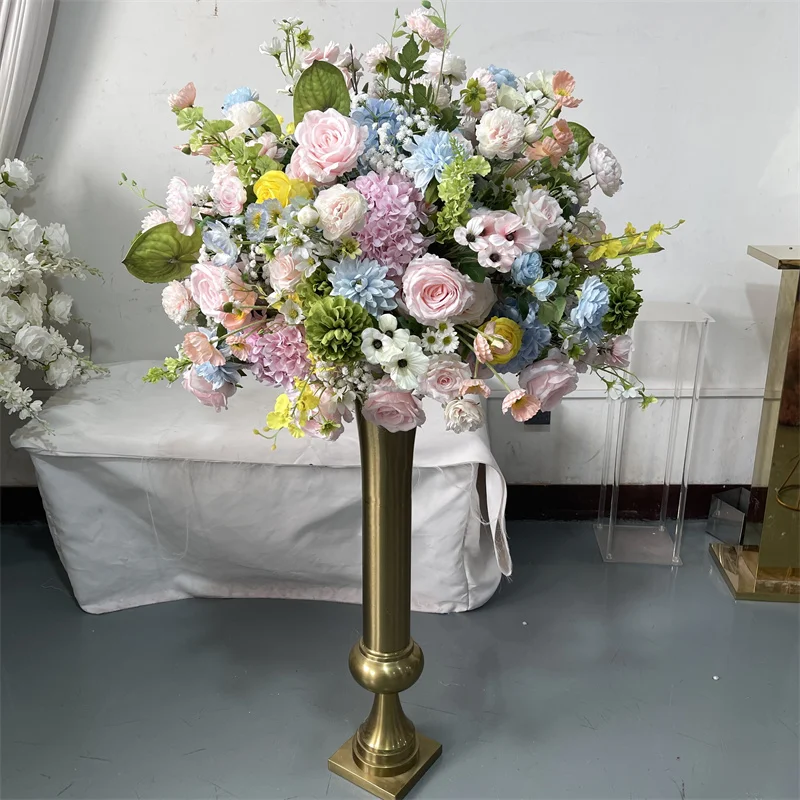 Modern Pink Sky Blue Green Yellow Mixed Wedding Table Artificial Spring Silk Flower Ball Center Ornament
