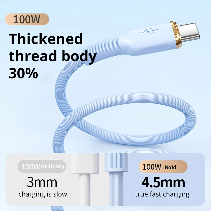 Tipo-C para Tipo-C Cabo de carregamento rápido, 6A Super Charge, Silicone USB-C Cabo de dados para telefones inteligentes Android, 1m, 2m, 100W