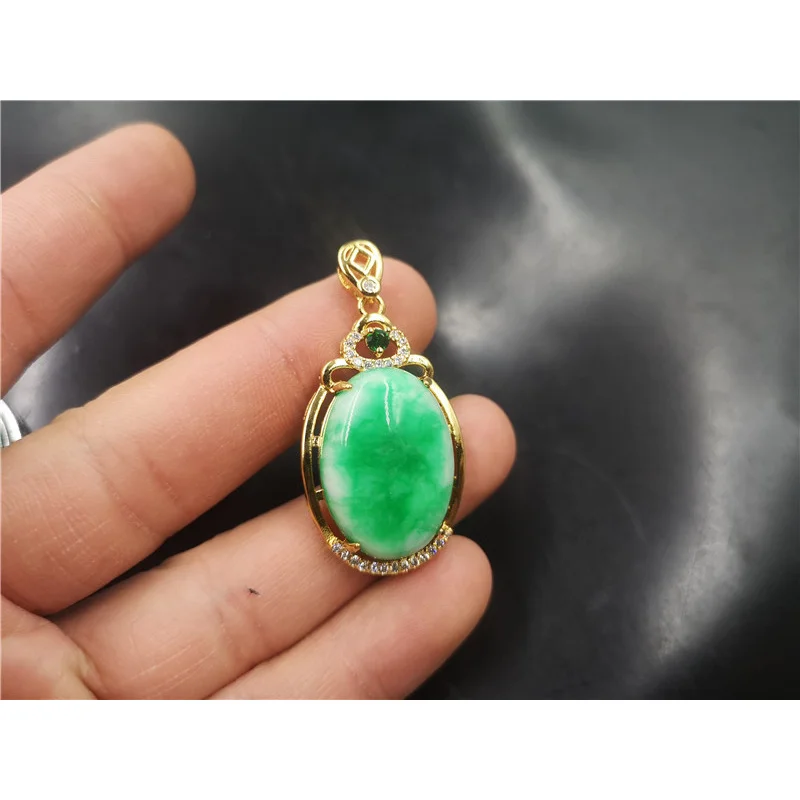 Vacuum Plating Inlaid White Background Jade Women's Dry Green Oval Pendant