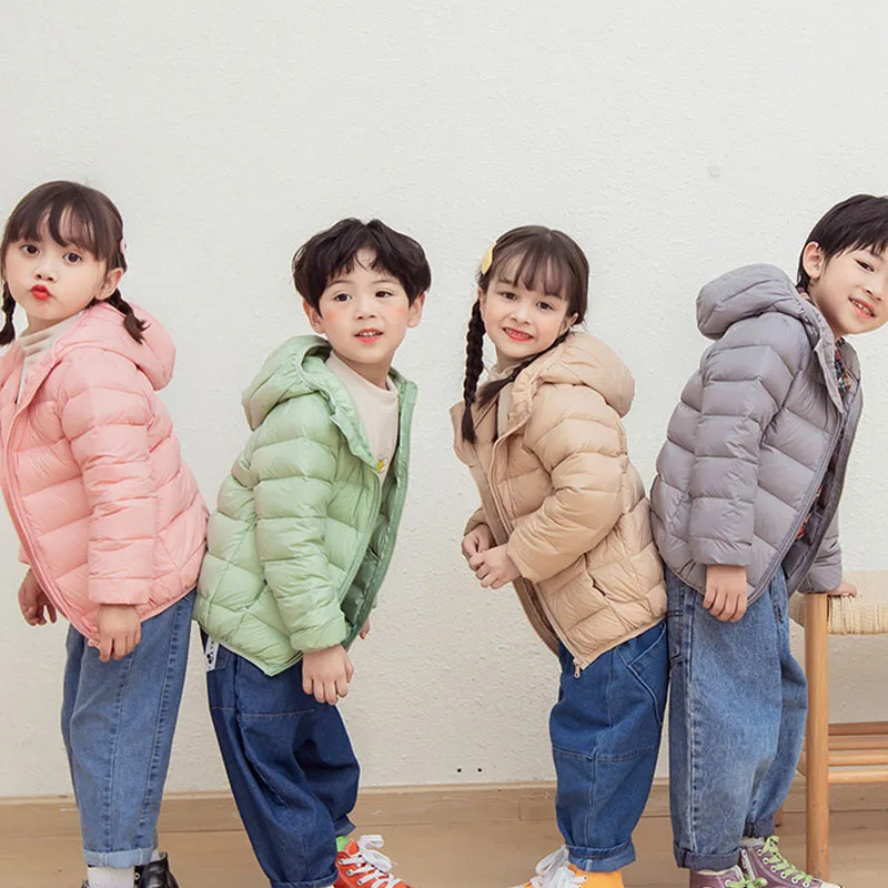 가을 겨울 소년 소녀 패딩 재킷 순수한 색상 코트 따뜻한 두꺼운 후드 재킷 편안한 4-12 세 어린이 의류