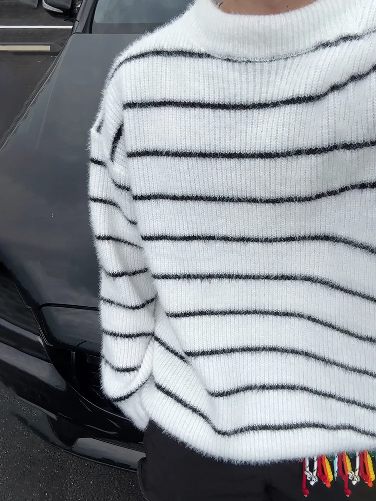 

Мужской осенне-зимний вязаный свитер с круглым вырезом, в полоску, с эффектом «морской волны», повседневный, удобный, мягкий, из полиэстера