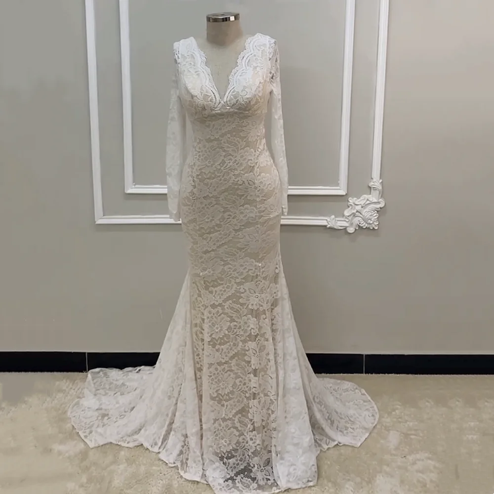 Maßgeschneidertes Spitzen-Brautkleid mit V-Ausschnitt, Abendkleid mit langen Ärmeln, Meerjungfrauen-Stil, bodenlang, elegantes Hochzeitskleid