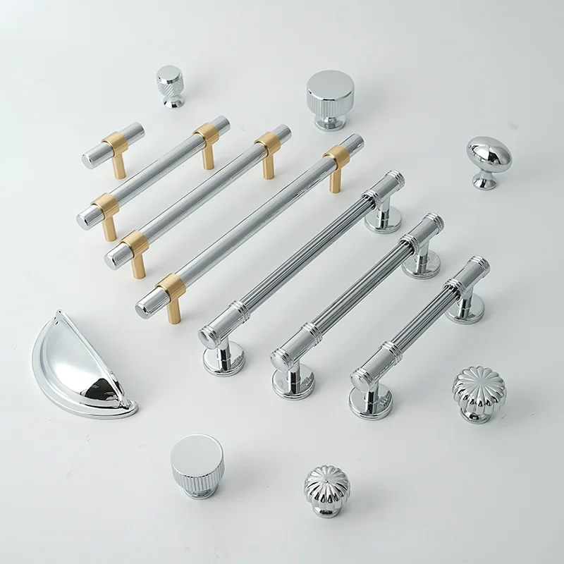 Bright Silver Wardrobe Door Pull Handle Cabinet Door Single-Hole Knob French Cabinet Drawer Brass Solid Pull Furniture Hardware