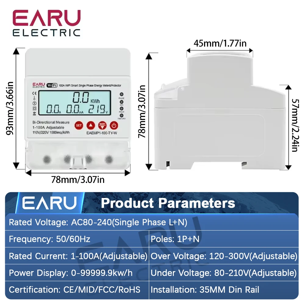 EARU Tuya WiFi Smart Enery Power kWh Meter Monitor Under Over Voltage Current Earth Leakage Protector Time Relay Switch Breaker