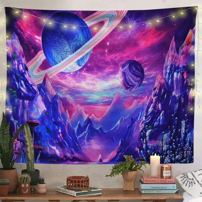 VIKAMA Astronaut Planet Galaxy Tapestry, Psychedelic Nebula Space Wall Hanging, Aesthetic Bedroom e-Sports Room Decor