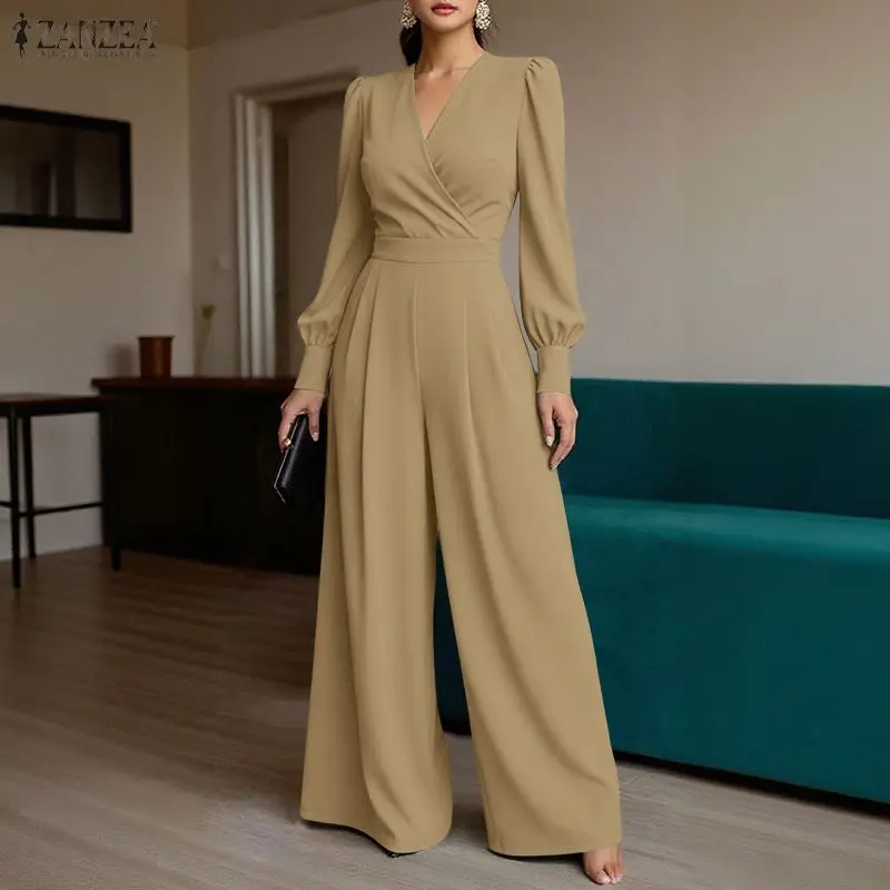 Autumn Overalls Pants Fashion Women Jumpsuits ZANZEA Wrap V-Neck Long Sleeve Belted Long Rompers Solid OL Work Wide Leg Trousers