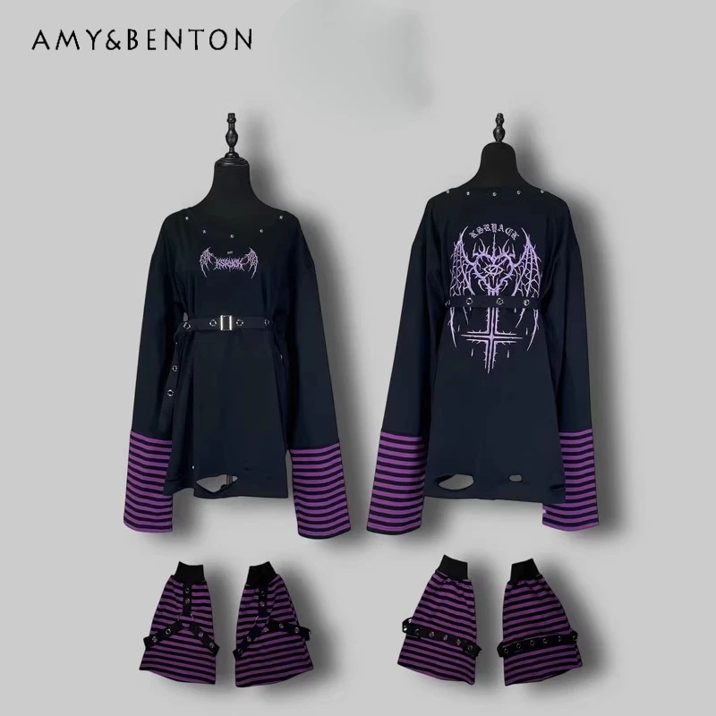 

Japanese Harajuku Subculture Goth Rivet Cartoon Embroidered Striped Long-sleeve T-shirt Leg Warmer Set Street Punk Oversized Top