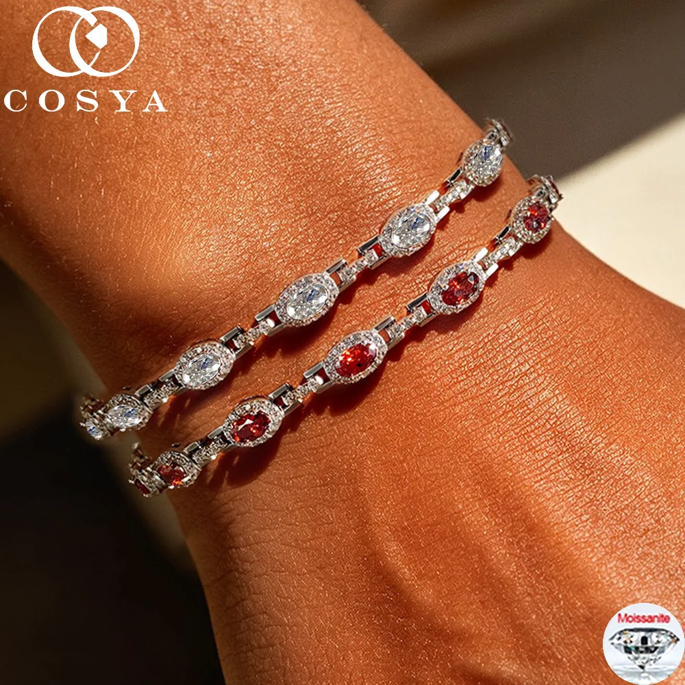 

Браслеты COSYA с овальными муассанитами для женщин, 100% серебро 925 пробы, с полным ореолом из выращенных в лаборатории бриллиантов, сверкающая цепочка, изысканные ювелирные украшения для вечеринок, подарок