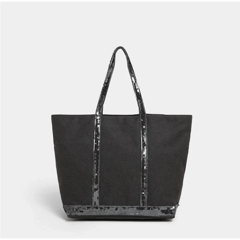 Pailletten-Canvas-Einkaufstasche mit Reißverschluss, große Kapazität, Vintage-Kontrastfarbe, Damen-Umhängetasche, Designer-Pendler-Alltagshandtasche, Schwarz – Detail 9