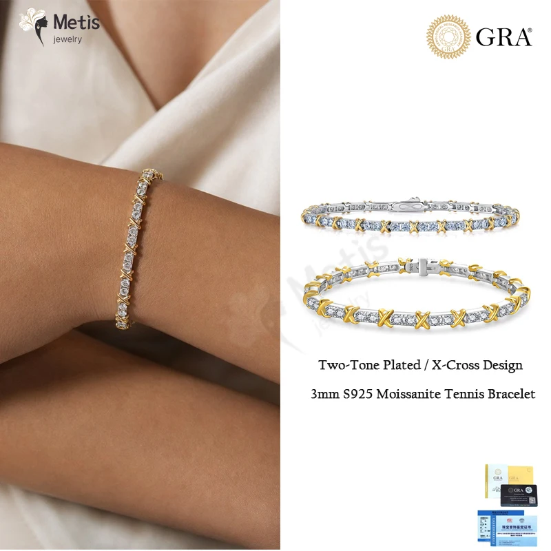 3mmS925 Sterling Silver Full Moissanite Tennis Bracelet Two-Tone Plated X-Cross Design D Color VVS1 for Women Engagement Jewelry