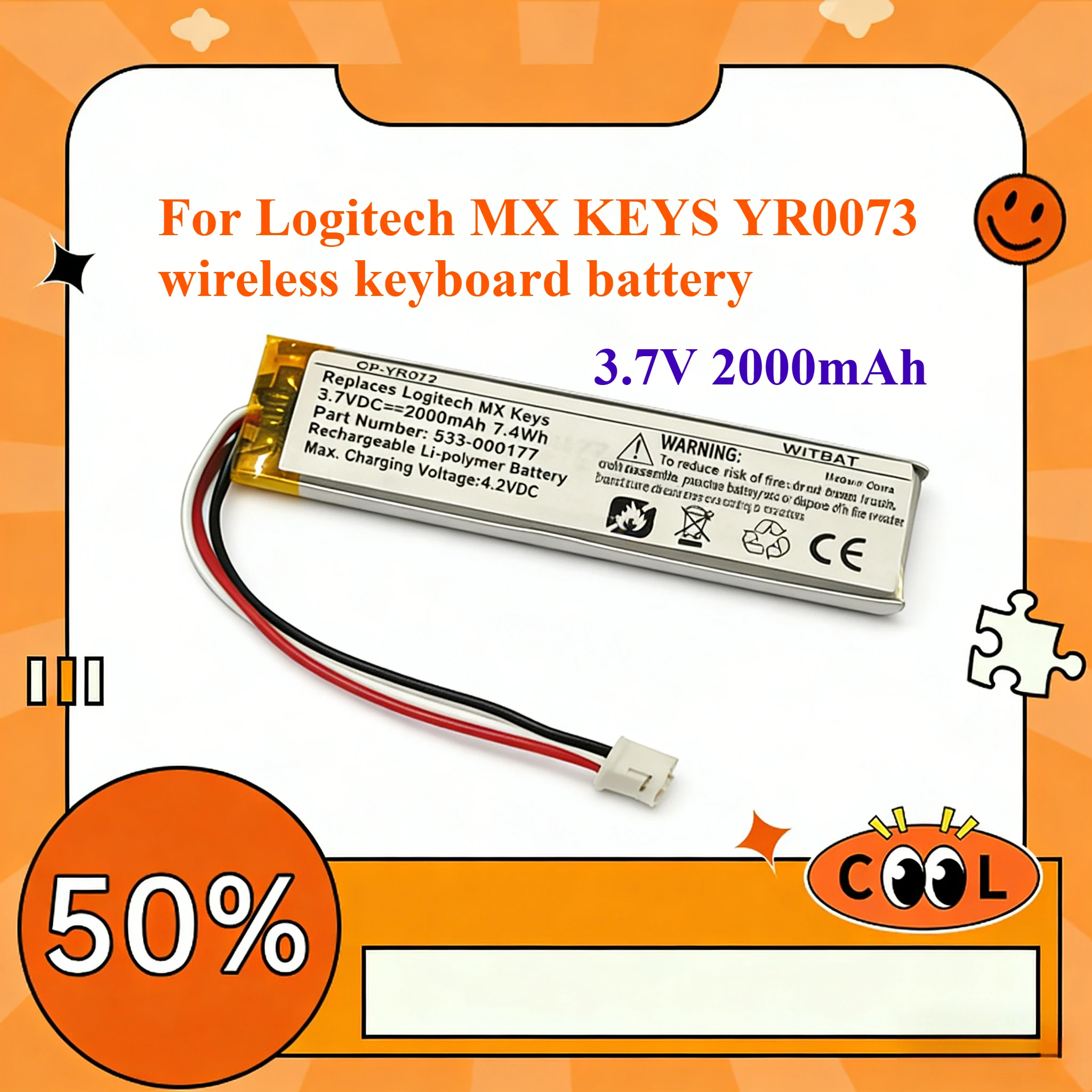 Compatible with Logitech MX KEYS YR0073 wireless keyboard battery 533-000177 3.7V 2000mAh