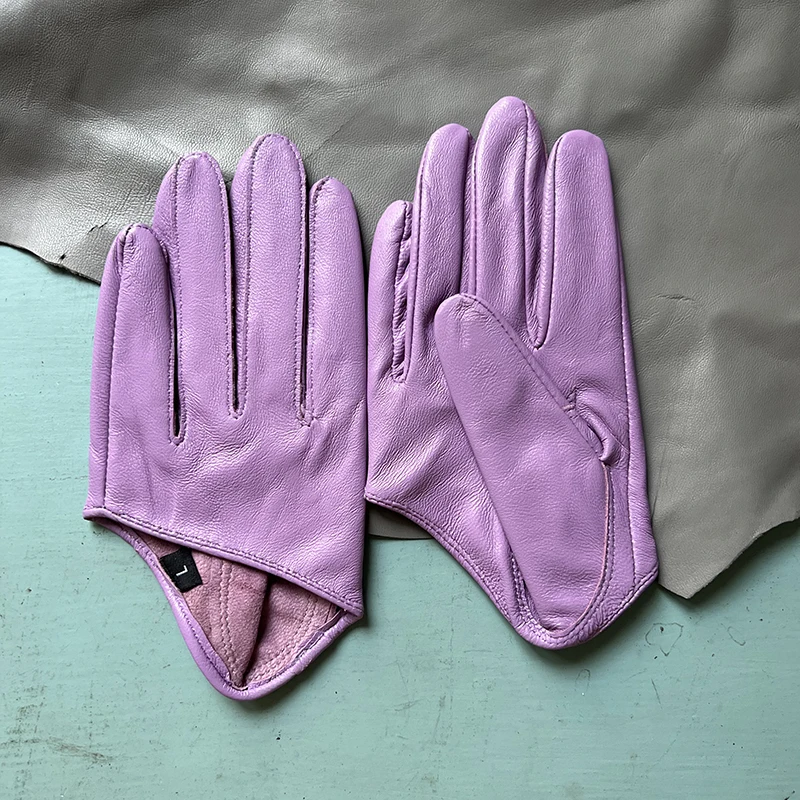 

Ultra-short Women's Leather Gloves Half-palm Sheepskin Gloves Lavender Color