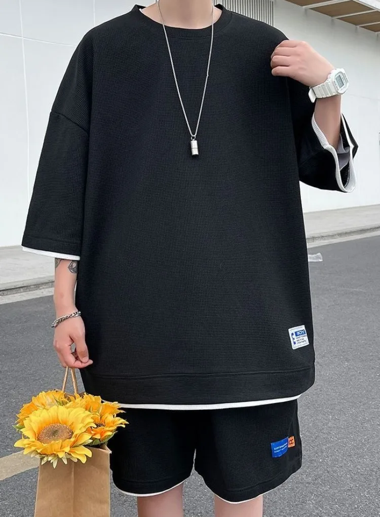 

Trendy Fashionable Plus Size Men's Summer Waffle Casual Sports Suit Short Sleeve Short Pants Two Piece Set Handsome Big Size