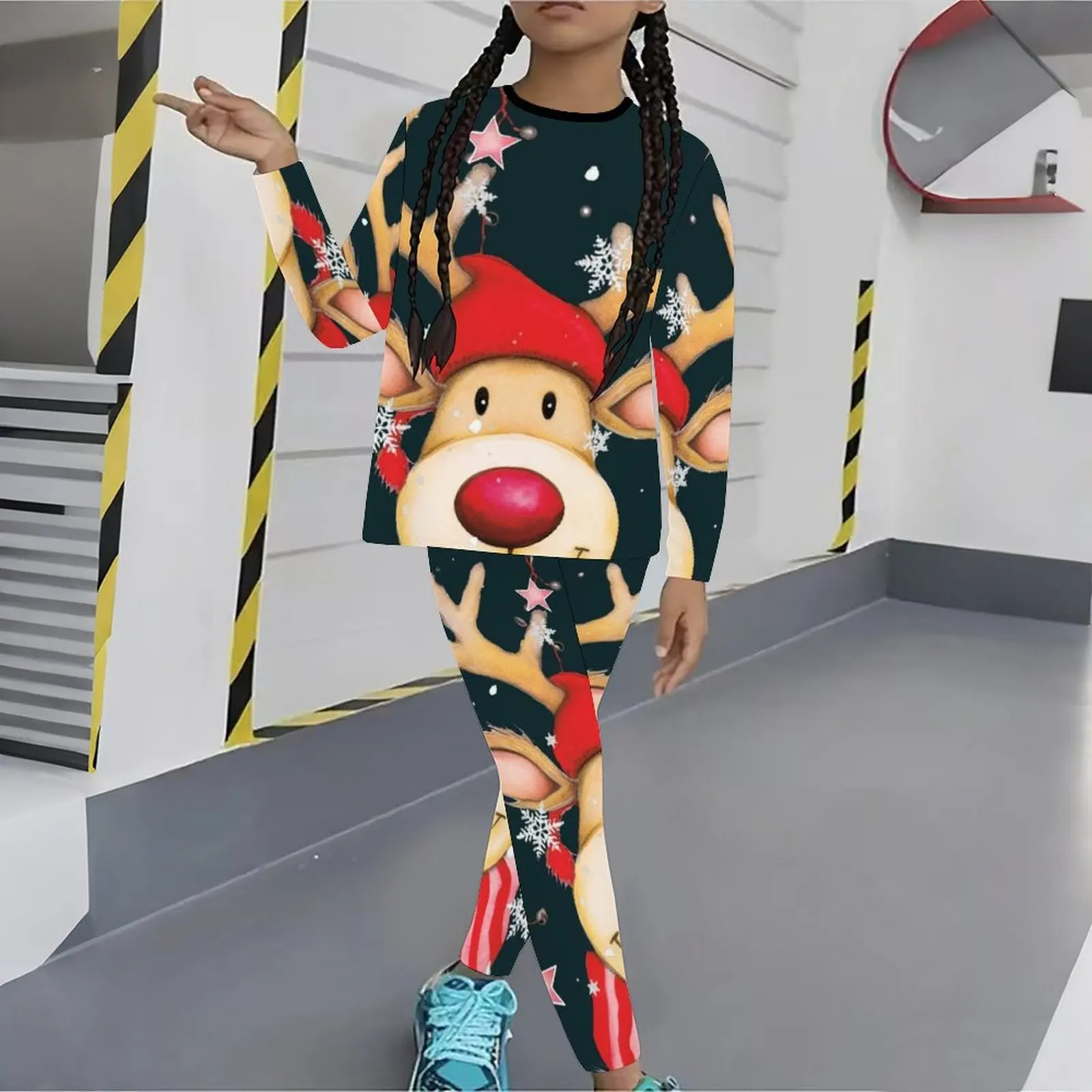 Winter Christmas Jogging Pants Girls Print Long Sleeve Round Neck Top Cute Two-Piece Daily Casual T-shirt Autumn Leggings
