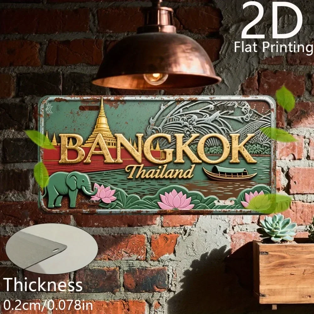 HD Tin Sign, Vintage Bangkok Thailand License Plate Metal Wall Art, Retro Southeast Asia Travel Decor for Bar Man Cave, Asian Ci